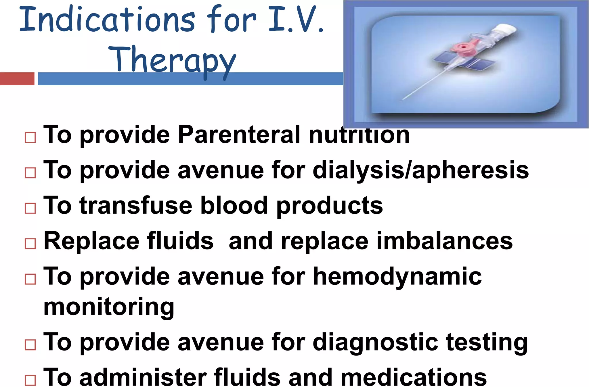 Indications for I.V.
Therapy
 To provide Parenteral nutrition
 To provide avenue for dialysis/apheresis
 To transfuse blood products
 Replace fluids and replace imbalances
 To provide avenue for hemodynamic
monitoring
 To provide avenue for diagnostic testing
 To administer fluids and medications
 