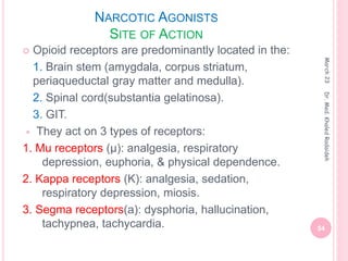 NARCOTIC AGONISTS
SITE OF ACTION
 Opioid receptors are predominantly located in the:
1. Brain stem (amygdala, corpus striatum,
periaqueductal gray matter and medulla).
2. Spinal cord(substantia gelatinosa).
3. GIT.
 They act on 3 types of receptors:
1. Mu receptors (μ): analgesia, respiratory
depression, euphoria, & physical dependence.
2. Kappa receptors (K): analgesia, sedation,
respiratory depression, miosis.
3. Segma receptors(a): dysphoria, hallucination,
tachypnea, tachycardia.
March
23
54
Dr.
Med.
Khaled
Radaideh
 