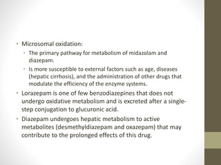• Microsomal oxidation:
• The primary pathway for metabolism of midazolam and
diazepam.
• Is more susceptible to external factors such as age, diseases
(hepatic cirrhosis), and the administration of other drugs that
modulate the efficiency of the enzyme systems.
• Lorazepam is one of few benzodiazepines that does not
undergo oxidative metabolism and is excreted after a single-
step conjugation to glucuronic acid.
• Diazepam undergoes hepatic metabolism to active
metabolites (desmethyldiazepam and oxazepam) that may
contribute to the prolonged effects of this drug.
 