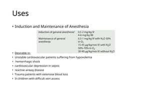 Uses
• Induction and Maintenance of Anesthesia
• Desirable in:
• Unstable cardiovascular patients suffering from hypovolemia
• hemorrhagic shock
• cardiovascular depression in sepsis
• reactive airway disease
• Trauma patients with extensive blood loss
• In children with difficult vein access
 