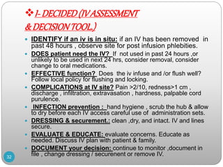 I- DECIDED(IVASSESSMENT
& DECISIONTOOL.)
32
 IDENTIFY if an iv is in situ: if an IV has been removed in
past 48 hours , observe site for post infusion phlebities.
 DOES patient need the IV? If not used in past 24 hours ,or
unlikely to be used in next 24 hrs, consider removal, consider
change to oral medications.
 EFFECTIVE function? Does the iv infuse and /or flush well?
Follow local policy for flushing and locking.
 COMPLICATIONS at IV site? Pain >2/10, redness>1 cm ,
discharge , infiltration, extravasation , hardness, palpable cord
purulence.
 INFECTION prevention : hand hygiene , scrub the hub & allow
to dry before each IV access careful use of administration sets.
 DRESSING & securement.: clean ,dry, and intact. IV and lines
secure.
 EVALUATE & EDUCATE: evaluate concerns. Educate as
needed. Discuss IV plan with patient & family.
 DOCUMENT your decision: continue to monitor ,document in
file , change dressing / securenent or remove IV.
 