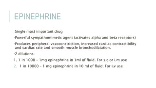 EPINEPHRINE
Single most important drug
•Powerful sympathomimetic agent (activates alpha and beta receptors)
•Produces peripheral vasoconstriction, increased cardiac contractibility
and cardiac rate and smooth muscle bronchodilatation.
•2 dilutions:
1. 1 in 1000 – 1mg epinephrine in 1ml of fluid. For s.c or i.m use
2. 1 in 10000 – 1 mg epinephrine in 10 ml of fluid. For i.v use
 