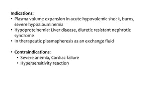 Indications:
• Plasma volume expansion in acute hypovolemic shock, burns,
severe hypoalbuminemia
• Hypoproteinemia: Liver disease, diuretic resistant nephrotic
syndrome
• In therapeutic plasmapheresis as an exchange fluid
• Contraindications:
• Severe anemia, Cardiac failure
• Hypersensitivity reaction
 