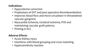 Indications:
• Hypovolemia correction
• Prophylaxis of DVT and post operative thromboembolism
• Improves blood flow and micro circulation in threatedned
vascular gangrene
• Myocardial ischemia, Cerebral ischemia, PVD and
maintaining vascular graft patency
• Priming in ECC
Adverse Effects
• Acute Kidney injury
• Interferes with blood grouping and cross matching
• Hypersensitivity reaction
 