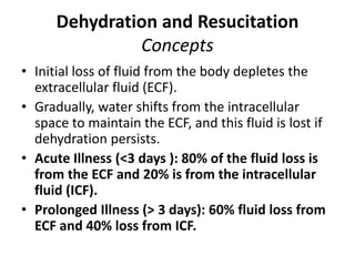 Dehydration and Resucitation
Concepts
• Initial loss of fluid from the body depletes the
extracellular fluid (ECF).
• Gradually, water shifts from the intracellular
space to maintain the ECF, and this fluid is lost if
dehydration persists.
• Acute Illness (<3 days ): 80% of the fluid loss is
from the ECF and 20% is from the intracellular
fluid (ICF).
• Prolonged Illness (> 3 days): 60% fluid loss from
ECF and 40% loss from ICF.
 