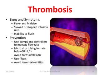 Thrombosis
• Signs and Symptoms
– Fever and Malaise
– Slowed or stopped infusion
rate
– Inability to flush
• Prevention
– Use pumps and controllers
to manage flow rate
– Micro drip tubing for rate
below50mL/hr
– Avoid areas of flexion
– Use filters
– Avoid lower extremities
10/20/2012 Dr.T.V.Rao MD @ Hospital care 22
 