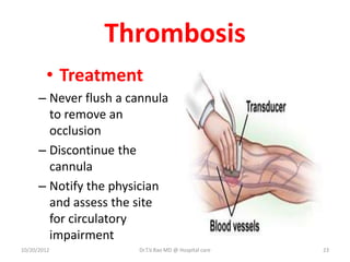 Thrombosis
• Treatment
– Never flush a cannula
to remove an
occlusion
– Discontinue the
cannula
– Notify the physician
and assess the site
for circulatory
impairment
10/20/2012 Dr.T.V.Rao MD @ Hospital care 23
 