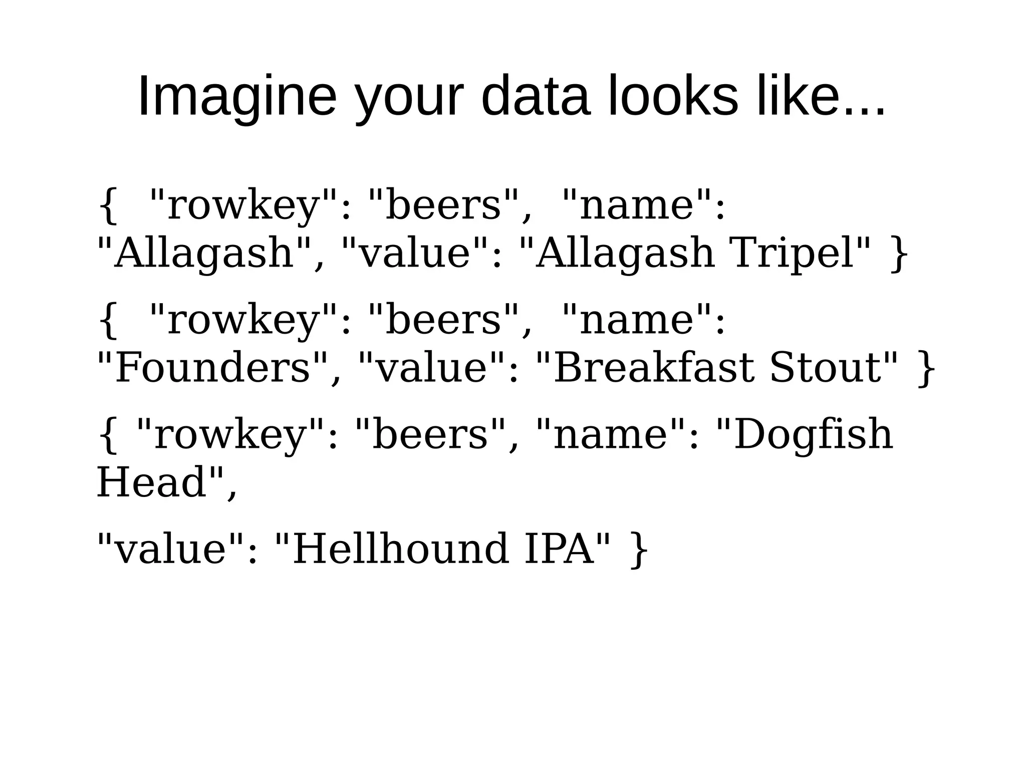 Imagine your data looks like...
{ "rowkey": "beers", "name":
"Allagash", "value": "Allagash Tripel" }
{ "rowkey": "beers", "name":
"Founders", "value": "Breakfast Stout" }
{ "rowkey": "beers", "name": "Dogfish
Head",
"value": "Hellhound IPA" }
 