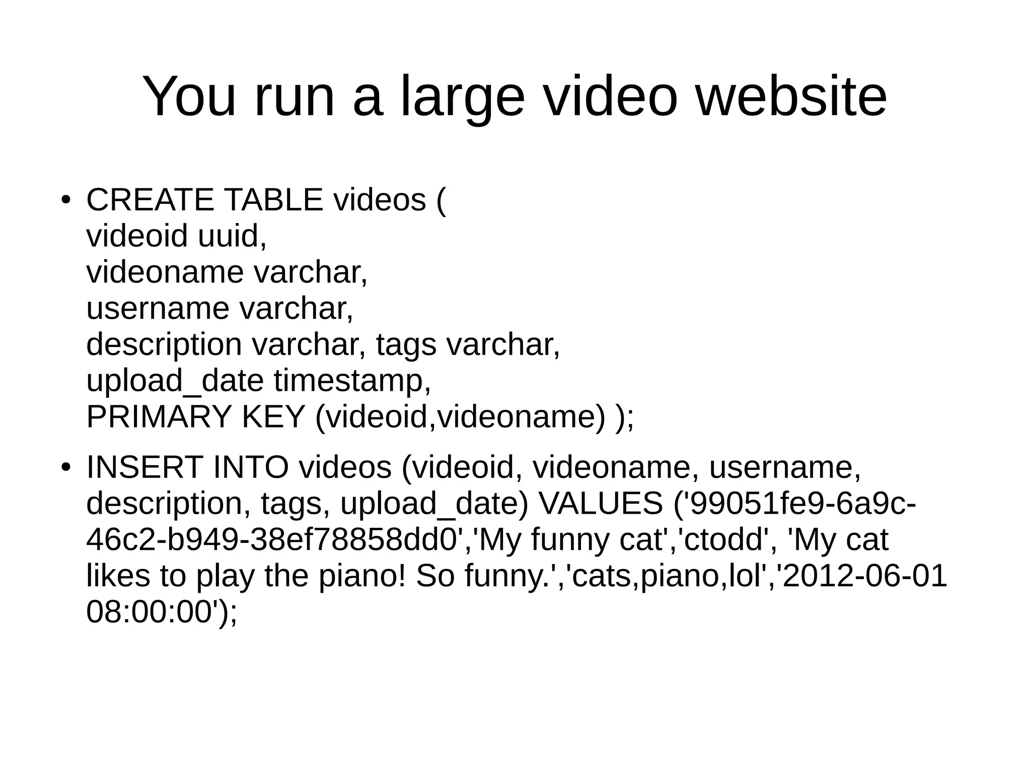 You run a large video website
●   CREATE TABLE videos (
    videoid uuid,
    videoname varchar,
    username varchar,
    description varchar, tags varchar,
    upload_date timestamp,
    PRIMARY KEY (videoid,videoname) );
●   INSERT INTO videos (videoid, videoname, username,
    description, tags, upload_date) VALUES ('99051fe9-6a9c-
    46c2-b949-38ef78858dd0','My funny cat','ctodd', 'My cat
    likes to play the piano! So funny.','cats,piano,lol','2012-06-01
    08:00:00');
 
