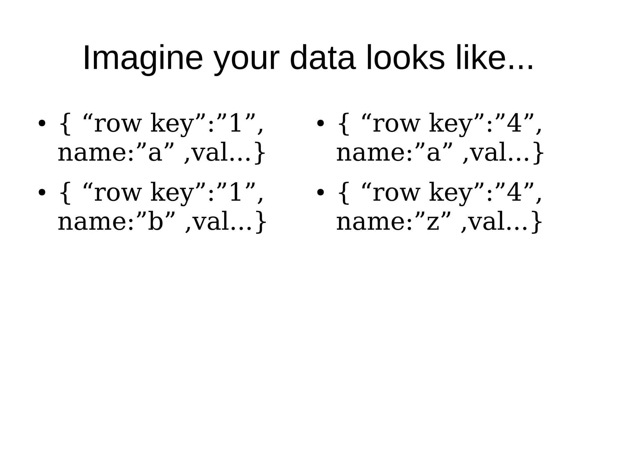 Imagine your data looks like...
●   { “row key”:”1”,    ●   { “row key”:”4”,
    name:”a” ,val...}       name:”a” ,val...}
●   { “row key”:”1”,    ●   { “row key”:”4”,
    name:”b” ,val...}       name:”z” ,val...}
 