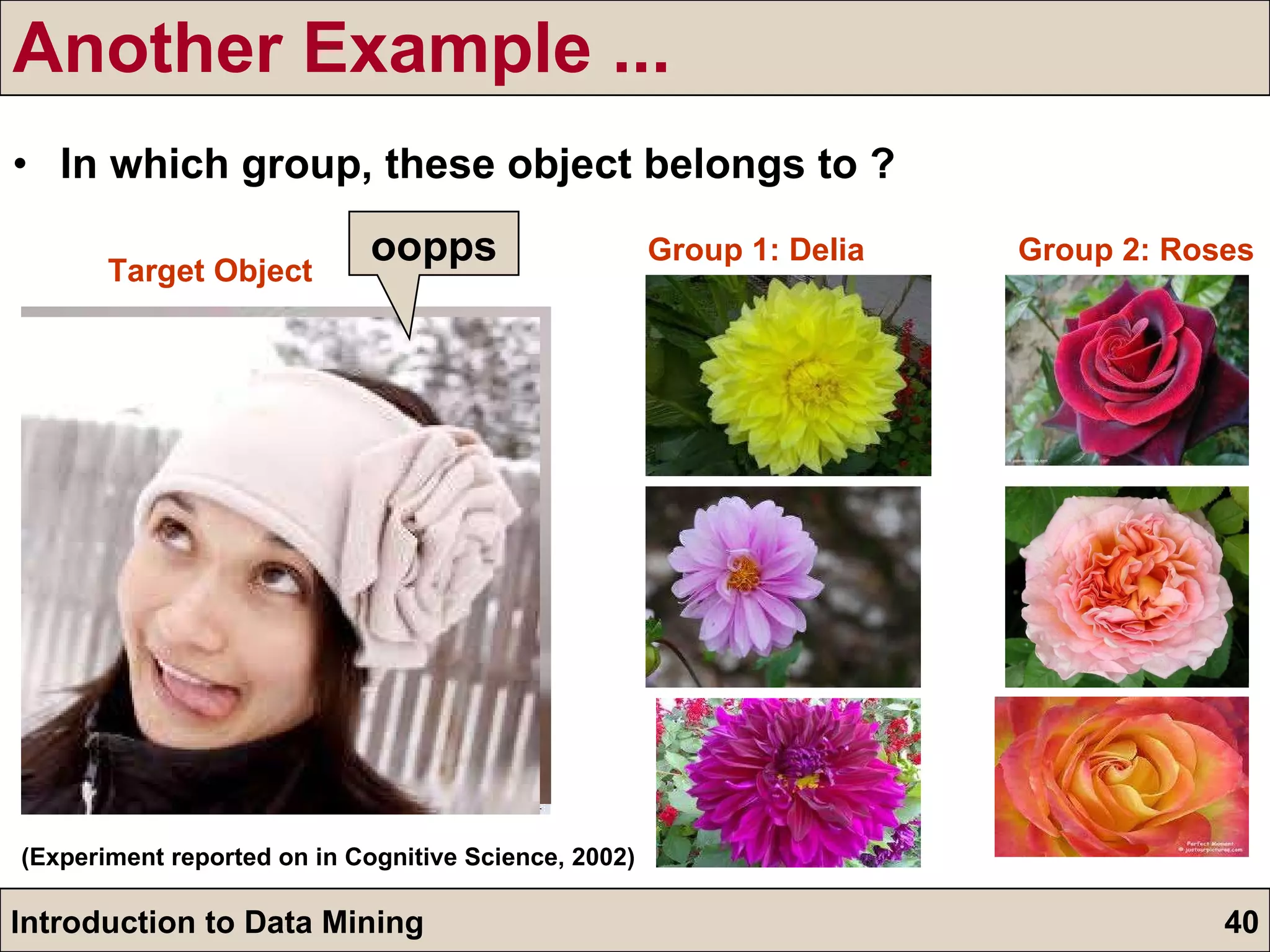 Another Example ... In which group, these object belongs to ? Group 1: Delia Group 2: Roses Target Object (Experiment reported on in Cognitive Science, 2002) oopps 