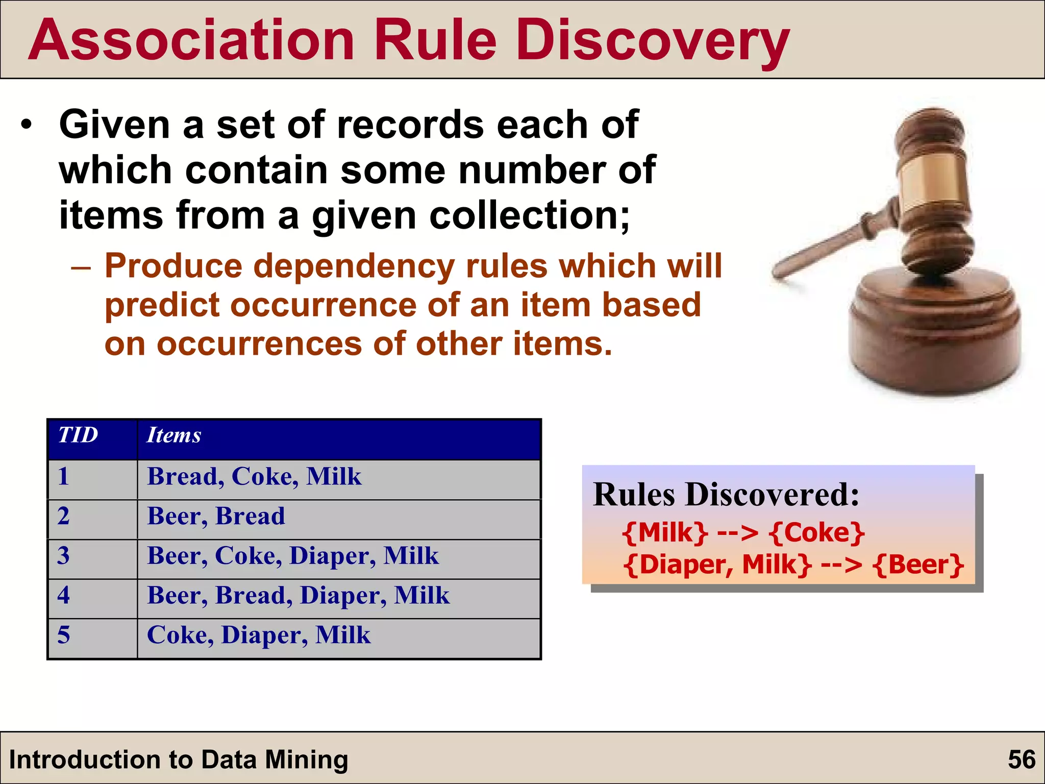 Association Rule Discovery Given a set of records each of which contain some number of items from a given collection; Produce dependency rules which will predict occurrence of an item based on occurrences of other items. Rules Discovered: {Milk} --> {Coke} {Diaper, Milk} --> {Beer} 