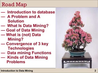 —  Introduction to database  —  A Problem and A    Solution —  What Is Data Mining?  — Goal of Data Mining — What is (not) Data    Mining? — Convergence of 3 key    Technologies —  Data mining Functions —  Kinds of Data Mining    Problems Road Map 