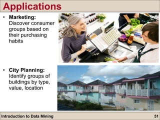 Applications Marketing:  Discover consumer groups based on their purchasing habits City Planning:  Identify groups of buildings by type, value, location 