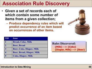 Association Rule Discovery Given a set of records each of which contain some number of items from a given collection; Produce dependency rules which will predict occurrence of an item based on occurrences of other items. Rules Discovered: {Milk} --> {Coke} {Diaper, Milk} --> {Beer} 