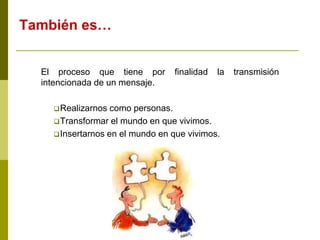 También es…
El proceso que tiene por finalidad la transmisión
intencionada de un mensaje.
Realizarnos como personas.
Transformar el mundo en que vivimos.
Insertarnos en el mundo en que vivimos.
 