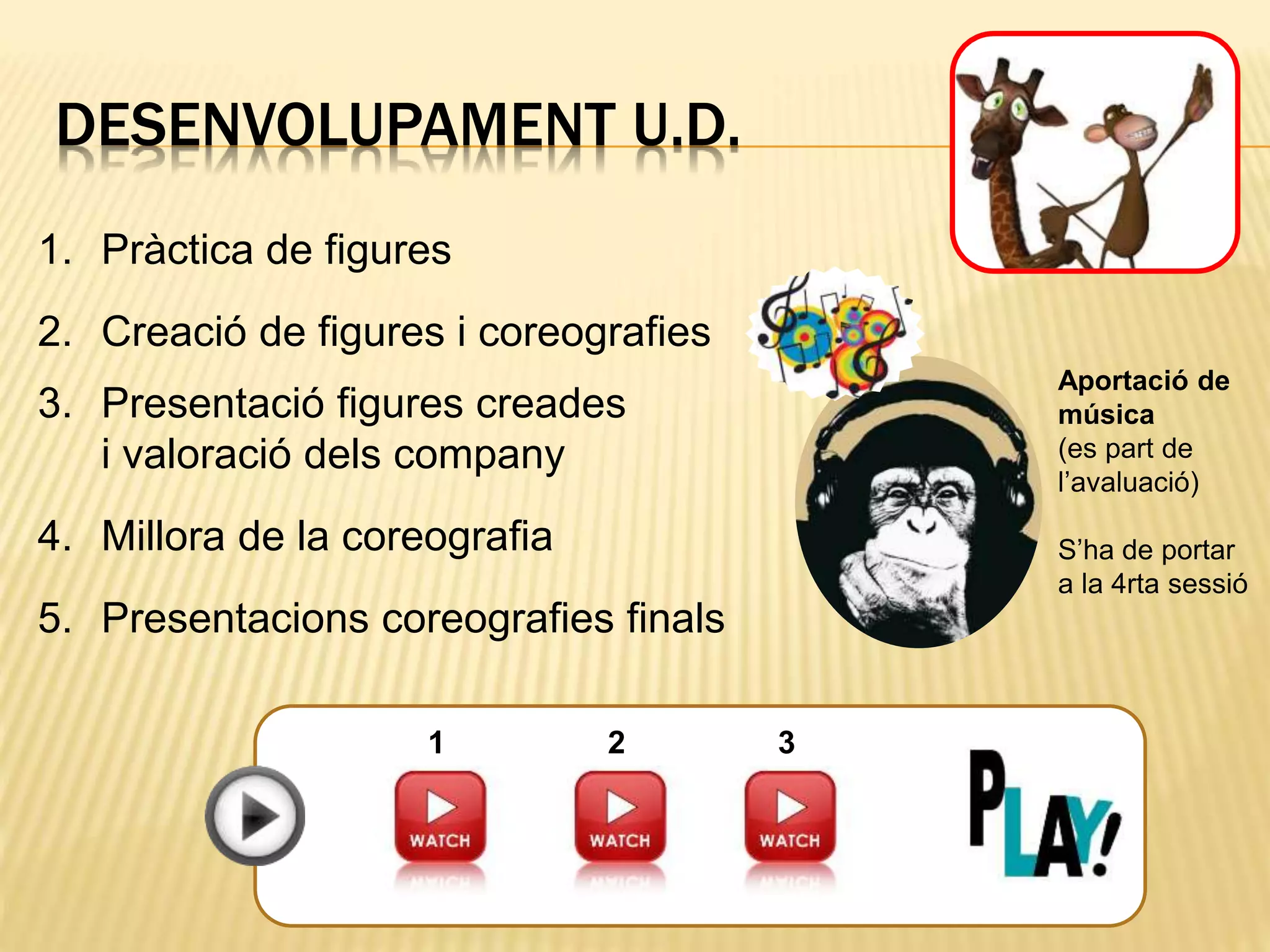 DESENVOLUPAMENT U.D.
1. Pràctica de figures
2. Creació de figures i coreografies
3. Presentació figures creades
i valoració dels company
4. Millora de la coreografia
5. Presentacions coreografies finals
1 2 3
Aportació de
música
(es part de
l’avaluació)
S’ha de portar
a la 4rta sessió
 