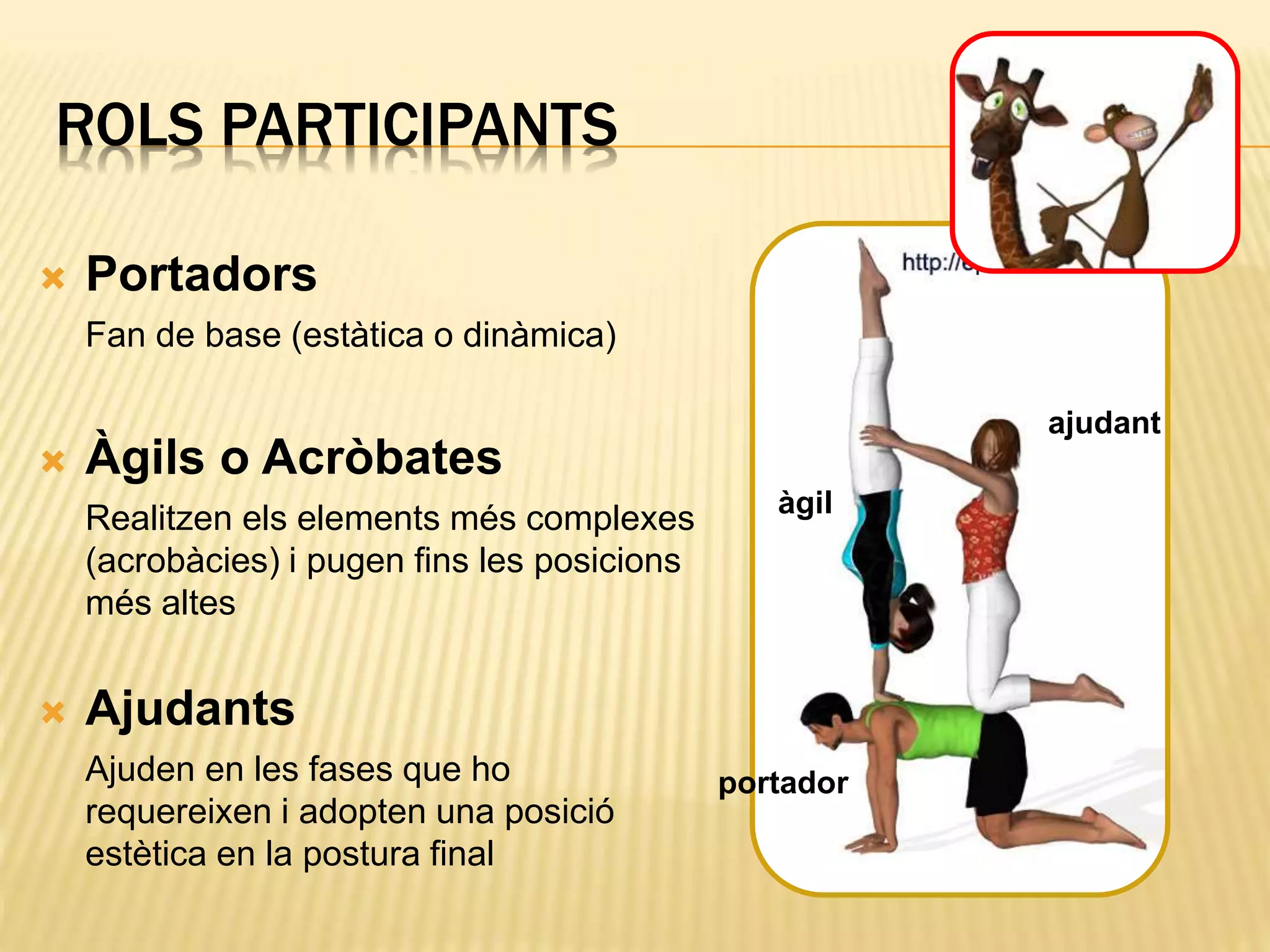 ajudant
àgil
portador
ROLS PARTICIPANTS
 Portadors
Fan de base (estàtica o dinàmica)
 Àgils o Acròbates
Realitzen els elements més complexes
(acrobàcies) i pugen fins les posicions
més altes
 Ajudants
Ajuden en les fases que ho
requereixen i adopten una posició
estètica en la postura final
 