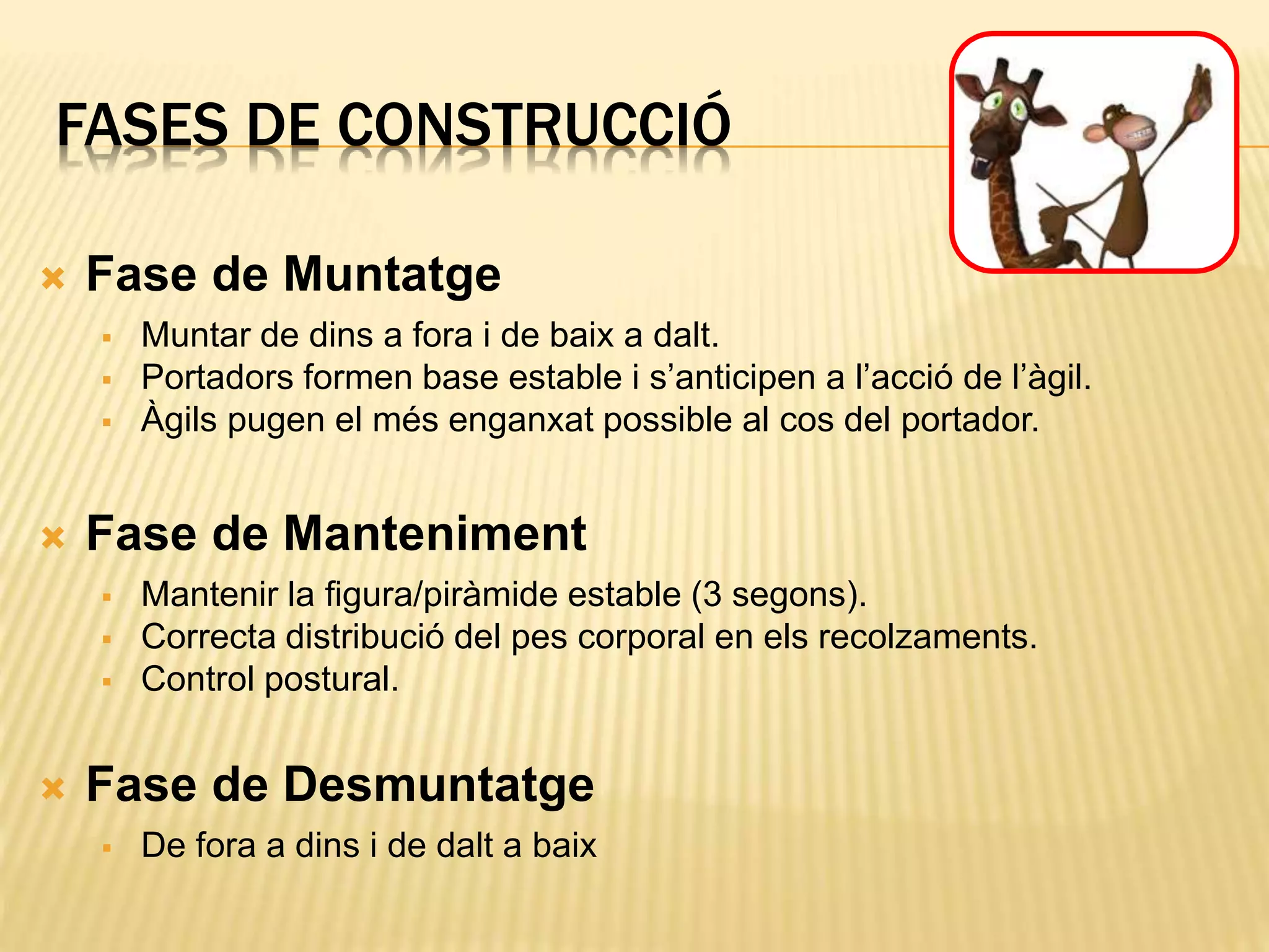 FASES DE CONSTRUCCIÓ
 Fase de Muntatge
 Muntar de dins a fora i de baix a dalt.
 Portadors formen base estable i s’anticipen a l’acció de l’àgil.
 Àgils pugen el més enganxat possible al cos del portador.
 Fase de Manteniment
 Mantenir la figura/piràmide estable (3 segons).
 Correcta distribució del pes corporal en els recolzaments.
 Control postural.
 Fase de Desmuntatge
 De fora a dins i de dalt a baix
 