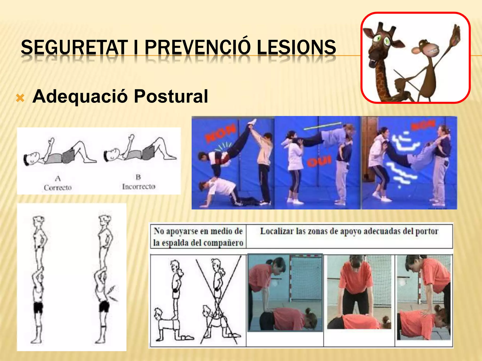 SEGURETAT I PREVENCIÓ LESIONS
 Adequació Postural
 