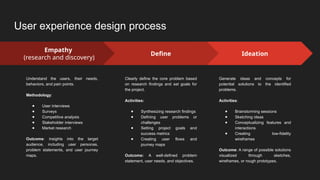 User experience design process
Ideation
Generate ideas and concepts for
potential solutions to the identified
problems.
Activities:
● Brainstorming sessions
● Sketching ideas
● Conceptualizing features and
interactions
● Creating low-fidelity
wireframes
Outcome: A range of possible solutions
visualized through sketches,
wireframes, or rough prototypes.
Empathy
(research and discovery)
Understand the users, their needs,
behaviors, and pain points.
Methodology:
● User interviews
● Surveys
● Competitive analysis
● Stakeholder interviews
● Market research
Outcome: insights into the target
audience, including user personas,
problem statements, and user journey
maps.
Define
Clearly define the core problem based
on research findings and set goals for
the project.
Activities:
● Synthesizing research findings
● Defining user problems or
challenges
● Setting project goals and
success metrics
● Creating user flows and
journey maps
Outcome: A well-defined problem
statement, user needs, and objectives.
 