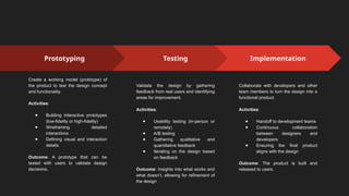 Prototyping
Create a working model (prototype) of
the product to test the design concept
and functionality.
Activities:
● Building interactive prototypes
(low-fidelity or high-fidelity)
● Wireframing detailed
interactions
● Defining visual and interaction
details
Outcome: A prototype that can be
tested with users to validate design
decisions.
Testing
Validate the design by gathering
feedback from real users and identifying
areas for improvement.
Activities:
● Usability testing (in-person or
remotely)
● A/B testing
● Gathering qualitative and
quantitative feedback
● Iterating on the design based
on feedback
Outcome: Insights into what works and
what doesn’t, allowing for refinement of
the design
Implementation
Collaborate with developers and other
team members to turn the design into a
functional product.
Activities:
● Handoff to development teams
● Continuous collaboration
between designers and
developers
● Ensuring the final product
aligns with the design
Outcome: The product is built and
released to users.
 