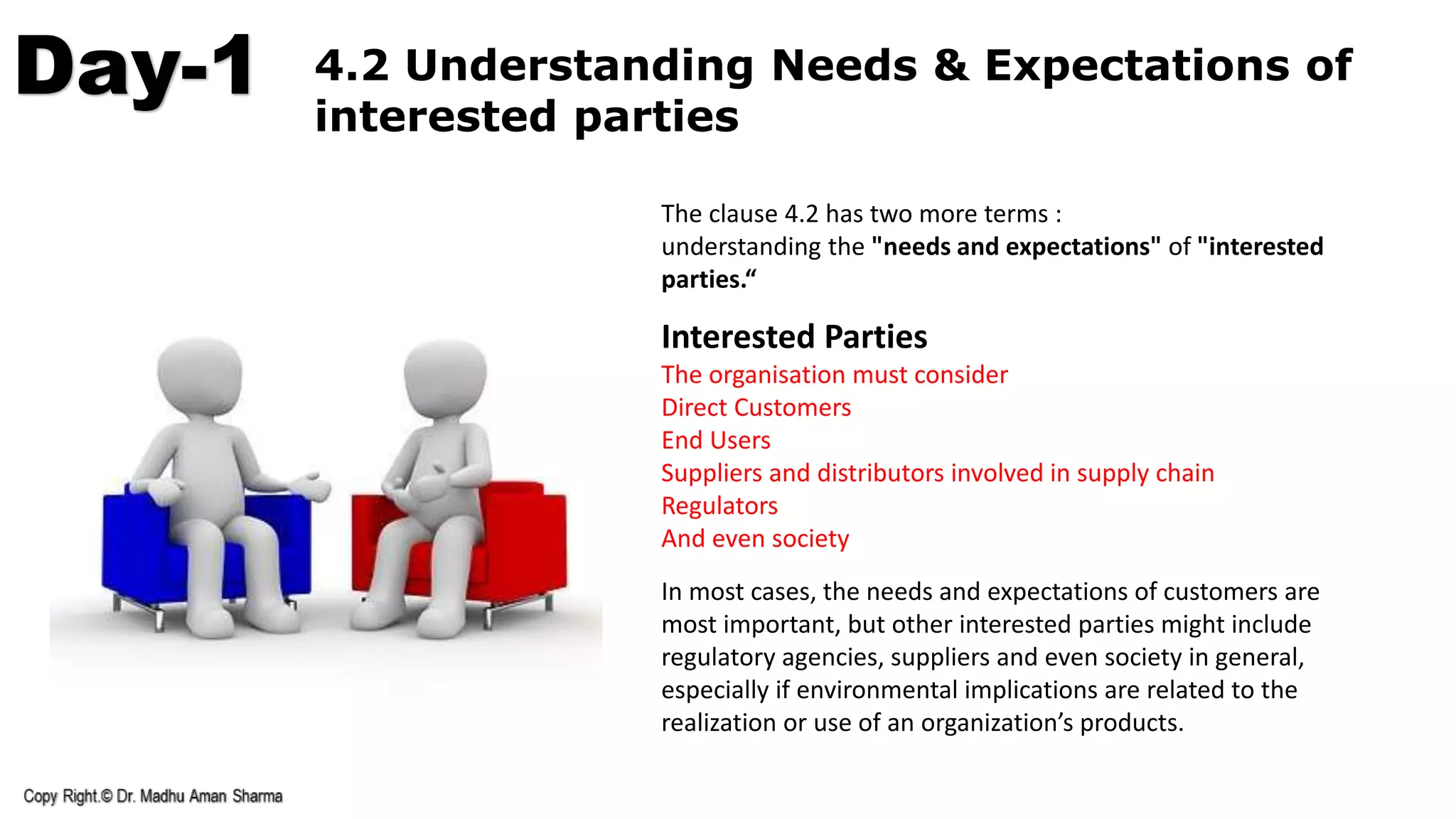 Day-1 4.2 Understanding Needs & Expectations of
interested parties
The clause 4.2 has two more terms :
understanding the "needs and expectations" of "interested
parties.“
Interested Parties
The organisation must consider
Direct Customers
End Users
Suppliers and distributors involved in supply chain
Regulators
And even society
In most cases, the needs and expectations of customers are
most important, but other interested parties might include
regulatory agencies, suppliers and even society in general,
especially if environmental implications are related to the
realization or use of an organization’s products.
 