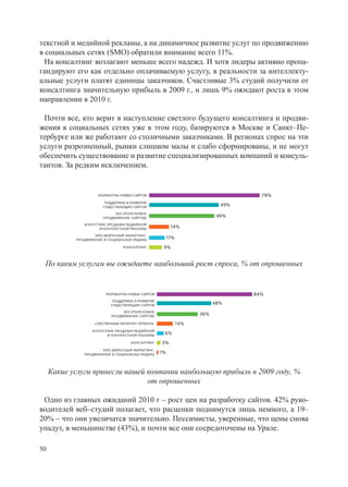 текстной и медийной рекламы, а на динамичное развитие услуг по продвижению
в социальных сетях (SMO) обратили внимание всего 11%.
  На консалтинг возлагают меньше всего надежд. И хотя лидеры активно пропа-
гандируют его как отдельно оплачиваемую услугу, в реальности за интеллекту-
альные услуги платят единицы заказчиков. Счастливые 3% студий получили от
консалтинга значительную прибыль в 2009 г., и лишь 9% ожидают роста в этом
направлении в 2010 г.

 Почти все, кто верит в наступление светлого будущего консалтинга и продви-
жения в социальных сетях уже в этом году, базируются в Москве и Санкт–Пе-
тербурге или же работают со столичными заказчиками. В регионах спрос на эти
услуги разрозненный, рынки слишком малы и слабо сформированы, и не могут
обеспечить существование и развитие специализированных компаний и консуль-
тантов. За редким исключением.


                     РАЗРАБОТКА НОВЫХ САЙТОВ                                        78%
                        ПОДДЕРЖКА И РАЗВИТИЕ
                       СУЩЕСТВУЮЩИХ САЙТОВ                                  49%
                             SEO (ПОИСКОВОЕ
                        ПРОДВИЖЕНИЕ САЙТОВ)                                46%
               АГЕНТСТКИЕ ПРОДАЖИ МЕДИЙНОЙ
                      И КОНТЕКСТНОЙ РЕКЛАМЫ              14%
                   SMO (ВИРУСНЫЙ МАРКЕТИНГ,
            ПРОДВИЖЕНИЕ В СОЦИАЛЬНЫХ МЕДИА)             11%
                                 КОНСАЛТИНГ         9%


 По каким услугам вы ожидаете наибольший рост спроса, % от опрошенных


                         РАЗРАБОТКА НОВЫХ САЙТОВ                                  84%
                            ПОДДЕРЖКА И РАЗВИТИЕ
                           СУЩЕСТВУЮЩИХ САЙТОВ                            48%
                                SEO (ПОИСКОВОЕ
                           ПРОДВИЖЕНИЕ САЙТОВ)                      36%
                    СОБСТВЕННЫЕ ИНТЕРНЕТ-ПРОЕКТЫ              14%
                   АГЕНТСТКИЕ ПРОДАЖИ МЕДИЙНОЙ
                          И КОНТЕКСТНОЙ РЕКЛАМЫ     6%
                                     КОНСАЛТИНГ    3%
                      SMO (ВИРУСНЫЙ МАРКЕТИНГ,
               ПРОДВИЖЕНИЕ В СОЦИАЛЬНЫХ МЕДИА)     1%



     Какие услуги принесли вашей компании наибольшую прибыль в 2009 году, %
                                 от опрошенных

 Одно из главных ожиданий 2010 г – рост цен на разработку сайтов. 42% руко-
водителей веб–студий полагает, что расценки поднимутся лишь немного, а 19–
20% – что они увеличатся значительно. Пессимисты, уверенные, что цены снова
упадут, в меньшинстве (43%), и почти все они сосредоточены на Урале.

50
 