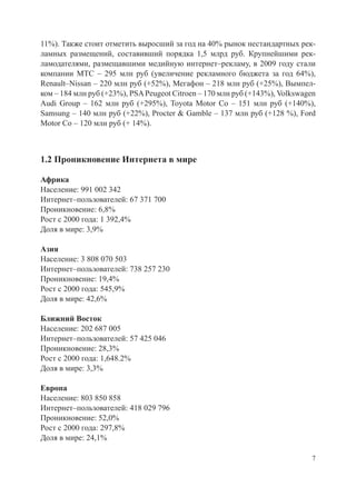 11%). Также стоит отметить выросший за год на 40% рынок нестандартных рек-
ламных размещений, составивший порядка 1,5 млрд руб. Крупнейшими рек-
ламодателями, размещавшими медийную интернет–рекламу, в 2009 году стали
компании МТС – 295 млн руб (увеличение рекламного бюджета за год 64%),
Renault–Nissan – 220 млн руб (+52%), Мегафон – 218 млн руб (+25%), Вымпел-
ком – 184 млн руб (+23%), PSA Peugeot Citroen – 170 млн руб (+143%), Volkswagen
Audi Group – 162 млн руб (+295%), Toyota Motor Co – 151 млн руб (+140%),
Samsung – 140 млн руб (+22%), Procter & Gamble – 137 млн руб (+128 %), Ford
Motor Co – 120 млн руб (+ 14%).



1.2 Проникновение Интернета в мире

Африка
Население: 991 002 342
Интернет–пользователей: 67 371 700
Проникновение: 6,8%
Рост с 2000 года: 1 392,4%
Доля в мире: 3,9%

Азия
Население: 3 808 070 503
Интернет–пользователей: 738 257 230
Проникновение: 19,4%
Рост с 2000 года: 545,9%
Доля в мире: 42,6%

Ближний Восток
Население: 202 687 005
Интернет–пользователей: 57 425 046
Проникновение: 28,3%
Рост с 2000 года: 1,648.2%
Доля в мире: 3,3%

Европа
Население: 803 850 858
Интернет–пользователей: 418 029 796
Проникновение: 52,0%
Рост с 2000 года: 297,8%
Доля в мире: 24,1%

                                                                              7
 