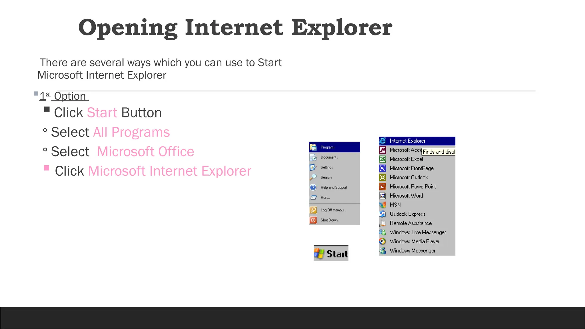Opening Internet Explorer
There are several ways which you can use to Start
Microsoft Internet Explorer
1st
Option
 Click Start Button
◦ Select All Programs
◦ Select Microsoft Office
 Click Microsoft Internet Explorer
 