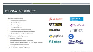 PERSONNEL & CAPABILITY
 12 Employees/8 Engineers:
 2 Electromechanical Engineers
 1 Electrical Engineer
 1 Petroleum Engineer
 1 Aerospace Engineer
 1 Quality Engineer (Electromechanical)
 2 Electromechanical/MechatronicsTechnicians
 1 Machinist/Electro-mechanicalTechnician
 Multiple customers for 7 products:
 Oil & Gas Equipment
 Aerospace Equipment/Mission Documents
 Medical Product Design (Follow CFR 820 Design Controls)
 Desktop 3D Printer Enhancements
 Over 90 collective years of experience
© 2013 Intrepid Research & Development CONFIDENTIAL
 