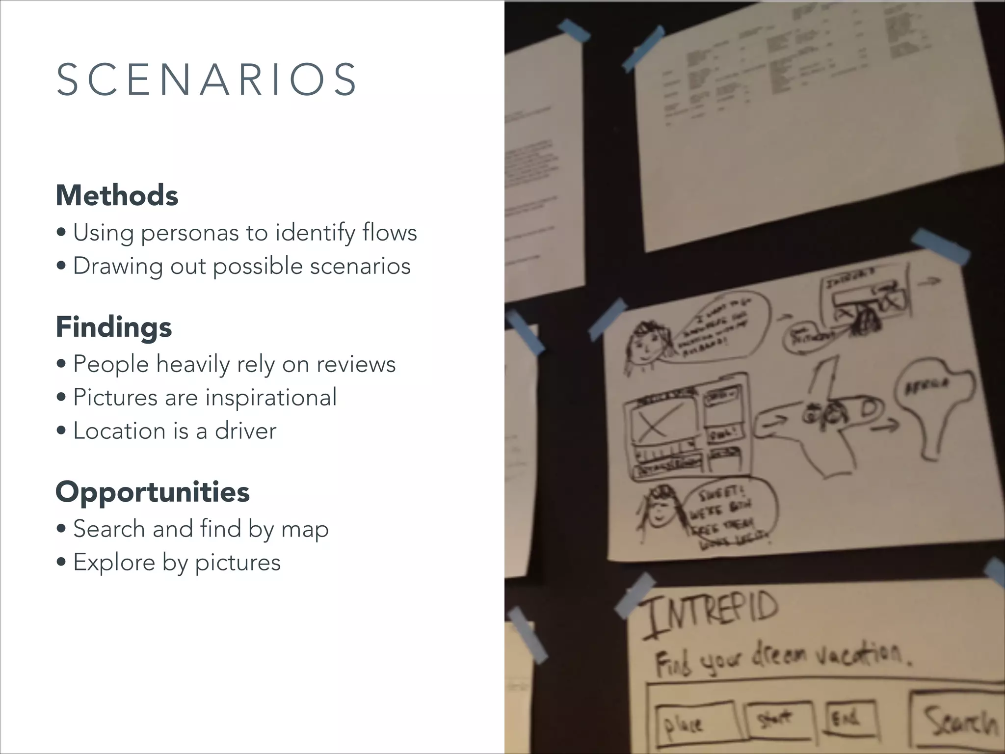 SCENARIOS
Methods

• Using personas to identify flows
• Drawing out possible scenarios

Findings

• People heavily rely on reviews
• Pictures are inspirational
• Location is a driver

Opportunities

• Search and find by map
• Explore by pictures

 