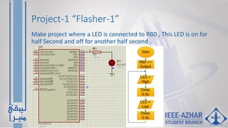 Project-1 “Flasher-1”
Make project where a LED is connected to RB0 , This LED is on for
half Second and off for another half second .
 
