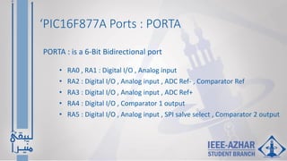 ‘PIC16F877A Ports : PORTA
• RA0 , RA1 : Digital I/O , Analog input
• RA2 : Digital I/O , Analog input , ADC Ref- , Comparator Ref
• RA3 : Digital I/O , Analog input , ADC Ref+
• RA4 : Digital I/O , Comparator 1 output
• RA5 : Digital I/O , Analog input , SPI salve select , Comparator 2 output
PORTA : is a 6-Bit Bidirectional port
 