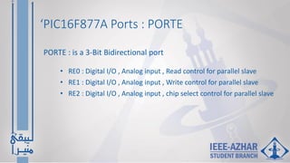 ‘PIC16F877A Ports : PORTE
• RE0 : Digital I/O , Analog input , Read control for parallel slave
• RE1 : Digital I/O , Analog input , Write control for parallel slave
• RE2 : Digital I/O , Analog input , chip select control for parallel slave
PORTE : is a 3-Bit Bidirectional port
 