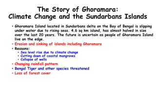 The Story of Ghoramara:
Climate Change and the Sundarbans Islands
• Ghoramara Island located in Sundarbans delta on the Bay of Bengal is slipping
under water due to rising seas. 4.6 sq km island, has almost halved in size
over the last 20 years. The future is uncertain as people of Ghoramara Island
live on the edge.
• Erosion and sinking of islands including Ghoramara
• Reasons:
• Sea level rise due to climate change
• Cutting down of coastal mangroves
• Collapse of wells
• Changing rainfall pattern
• Bengal Tiger and other species threatened
• Loss of forest cover
 