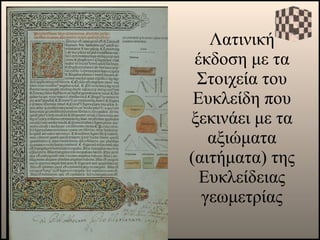 Λατινική έκδοση με τα Στοιχεία του Ευκλείδη που ξεκινάει με τα αξιώματα (αιτήματα) της Ευκλείδειας γεωμετρίας 