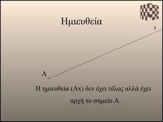 Ημιευθεία <ul><li>x </li></ul>Α H  ημιευθεία  ( Α x)  δεν έχει τέλος αλλά έχει αρχή το σημείο Α.  