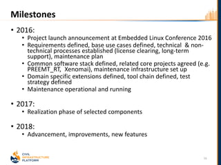 • 2016:
• Project launch announcement at Embedded Linux Conference 2016
• Requirements defined, base use cases defined, technical & non-
technical processes established (license clearing, long-term
support), maintenance plan
• Common software stack defined, related core projects agreed (e.g.
PREEMT_RT, Xenomai), maintenance infrastructure set up
• Domain specific extensions defined, tool chain defined, test
strategy defined
• Maintenance operational and running
• 2017:
• Realization phase of selected components
• 2018:
• Advancement, improvements, new features
16
Milestones
 
