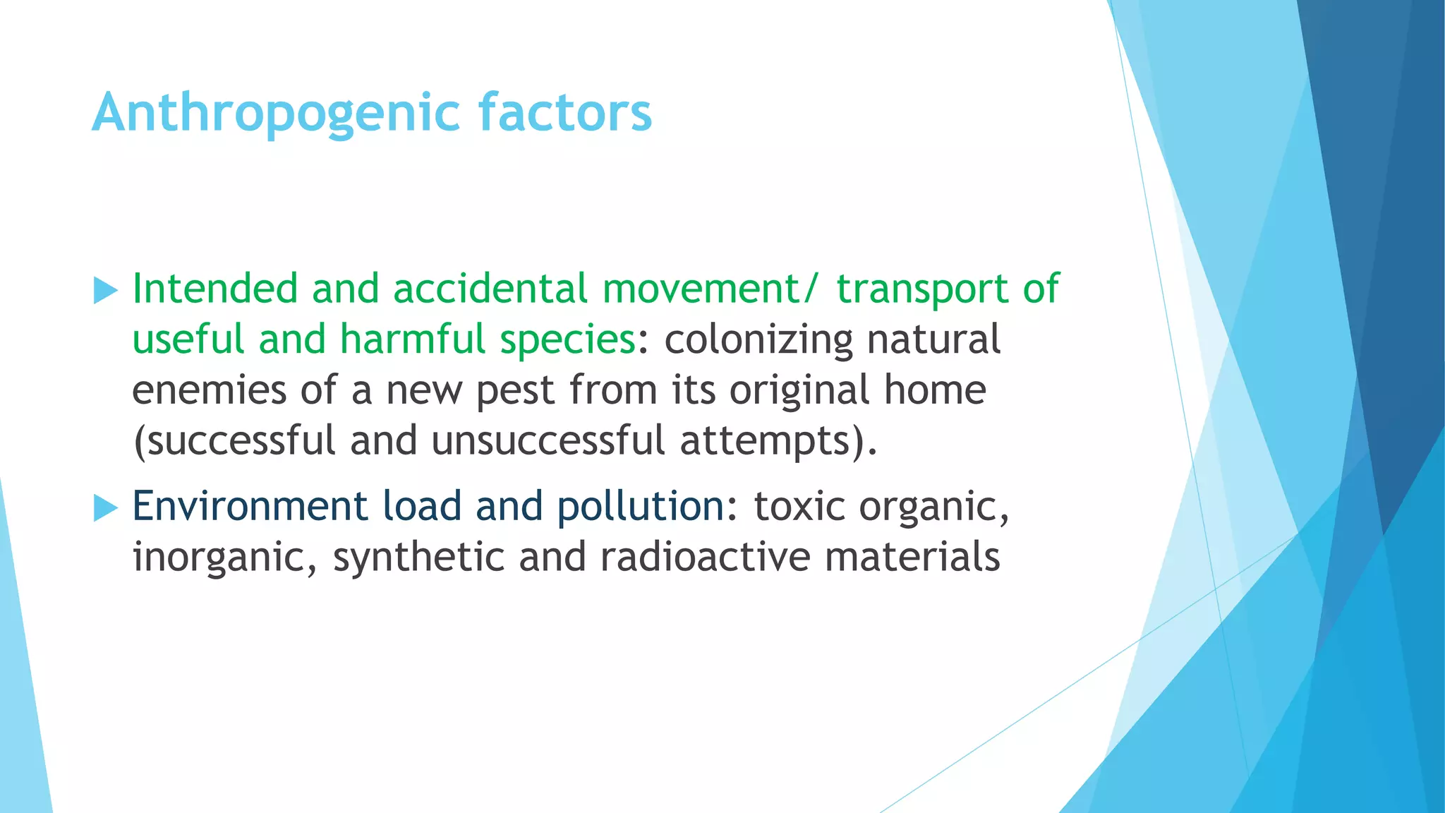 Anthropogenic factors
 Intended and accidental movement/ transport of
useful and harmful species: colonizing natural
enemies of a new pest from its original home
(successful and unsuccessful attempts).
 Environment load and pollution: toxic organic,
inorganic, synthetic and radioactive materials
 