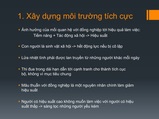 1. Xây dựng môi trường tích cực
 Ảnh hưởng của mối quan hệ với đồng nghiệp tới hiệu quả làm việc:
Tiềm năng + Tác động xã hội -> Hiệu suất
 Con người là sinh vật xã hội -> hết động lực nếu bị cô lập
 Lửa nhiệt tình phải được lan truyền từ những người khác mỗi ngày

 Thi đua trong dài hạn dẫn tới cạnh tranh cho thành tích cục
bộ, không vì mục tiêu chung
 Mâu thuẫn với đồng nghiệp là một nguyên nhân chính làm giảm
hiệu suất
 Người có hiệu suất cao không muốn làm việc với người có hiệu
suất thấp -> sàng lọc những người yếu kém

 