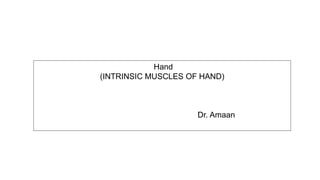 Hand
(INTRINSIC MUSCLES OF HAND)
Dr. Amaan
 
