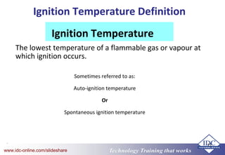 Technology Training that worksTechnology Training that Workswww.idc-online.com/slideshare
11
Ignition Temperature Definition
The lowest temperature of a flammable gas or vapour at
which ignition occurs.
Ignition Temperature
Sometimes referred to as:
Auto-ignition temperature
Or
Spontaneous ignition temperature
 