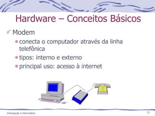 Hardware – Conceitos Básicos Modem conecta o computador através da linha telefônica tipos: interno e externo principal uso: acesso à internet Introdução à Informática 