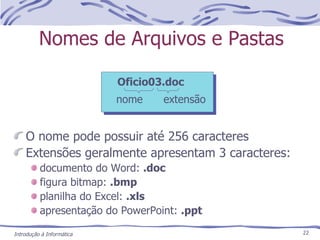 Nomes de Arquivos e Pastas O nome pode possuir até 256 caracteres  Extensões geralmente apresentam 3 caracteres: documento do Word:  .doc figura bitmap:  .bmp planilha do Excel:  .xls   apresentação do PowerPoint:  .ppt Introdução à Informática Oficio03.doc nome extensão 
