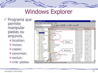 Windows Explorer Programa que permite manipular pastas ou arquivos.  localizar; mover; copiar; renomear; excluir; criar pastas. Introdução à Informática Pastas Arquivos 