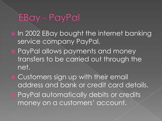 Can you give me some examples of E-commerce you have used?Types of E-commerceDirect sales – Companies selling their products or services direct to the customer via the net.Online bankingOnline auctions – Bidding against other consumers for products and services.Online media sales – Buy and download music, e-books, movies, TV series, computer software.