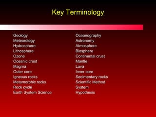 Key Terminology Geology Oceanography Meteorology Astronomy Hydrosphere Atmosphere Lithosphere Biosphere Ozone Continental crust Oceanic crust Mantle Magma Lava Outer core Inner core Igneous rocks Sedimentary rocks Metamorphic rocks Scientific Method Rock cycle System Earth System Science Hypothesis 