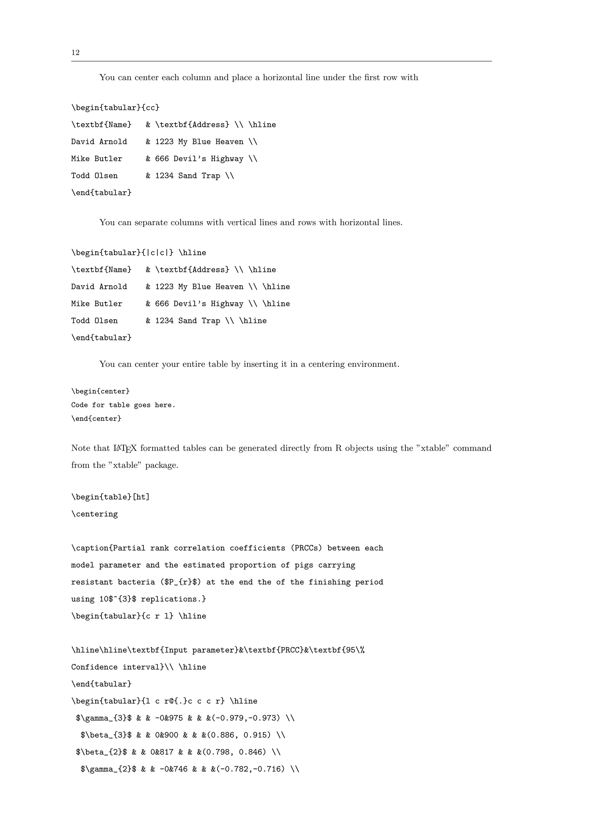 12


         You can center each column and place a horizontal line under the ﬁrst row with


begin{tabular}{cc}
textbf{Name}       & textbf{Address}  hline
David Arnold        & 1223 My Blue Heaven 
Mike Butler         & 666 Devil’s Highway 
Todd Olsen          & 1234 Sand Trap 
end{tabular}


         You can separate columns with vertical lines and rows with horizontal lines.


begin{tabular}{|c|c|} hline
textbf{Name}       & textbf{Address}  hline
David Arnold        & 1223 My Blue Heaven  hline
Mike Butler         & 666 Devil’s Highway  hline
Todd Olsen          & 1234 Sand Trap  hline
end{tabular}


         You can center your entire table by inserting it in a centering environment.


begin{center}
Code for table goes here.
end{center}


Note that L TEX formatted tables can be generated directly from R objects using the ”xtable” command
          A

from the ”xtable” package.


begin{table}[ht]
centering


caption{Partial rank correlation coefficients (PRCCs) between each
model parameter and the estimated proportion of pigs carrying
resistant bacteria ($P_{r}$) at the end the of the finishing period
using 10$^{3}$ replications.}
begin{tabular}{c r l} hline


hlinehlinetextbf{Input parameter}&textbf{PRCC}&textbf{95%
Confidence interval} hline
end{tabular}
begin{tabular}{l c r@{.}c c c r} hline
 $gamma_{3}$ & & -0&975 & & &(-0.979,-0.973) 
     $beta_{3}$ & & 0&900 & & &(0.886, 0.915) 
 $beta_{2}$ & & 0&817 & & &(0.798, 0.846) 
     $gamma_{2}$ & & -0&746 & & &(-0.782,-0.716) 
 