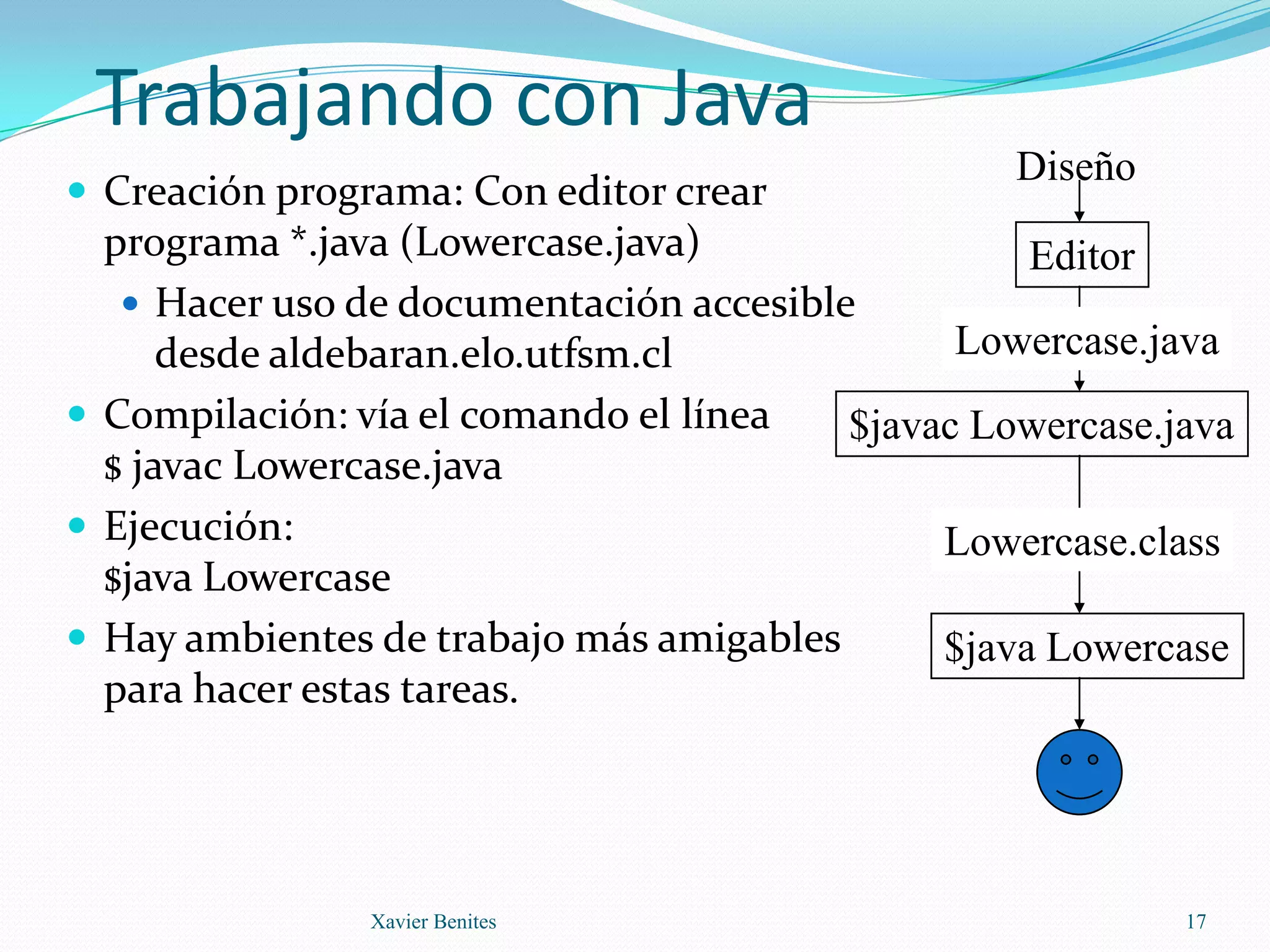 Tipos Arreglos Tenemos el tipo T[] (arreglo de T). Los arreglos siempre se ubican en el heap.Ej: int [] numbers = new int [n];Su tamaño no puede ser redefinido.No existe la forma: int numbers [6];  // sólo en C / C++El largo puede ser obtenido con:largo = numbers.length;  // análogo a v.size() de vectores// es una variable de sólo lecturaLa semántica de acceso es referencia:int [] winning_numbers;winning_numbers = numbers;numbers [0]=13;    // cambia ambas variables!!Si tratamos de acceder a un índice no válido, tenemos un error de ejecución.Java no soporta el uso del nombre como puntero al primer elemento. Esto puede conducir a errores de rango.Xavier Benites4Obtenido a tiempo de ejecución